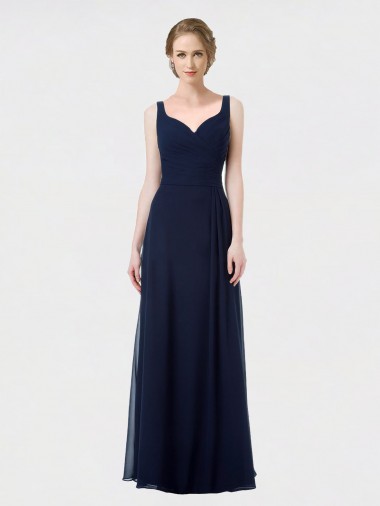 Meilleures Bleu marine foncé Trapèze Mousseline Longue Robes demoiselle d'honneur