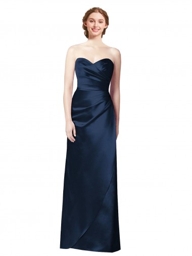Meilleures Bleu marine foncé Trapèze Sans bretelle Satiné Longue Robes demoiselle d'honneur