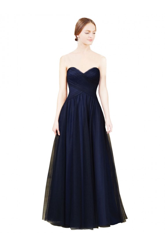 Meilleures Bleu marine foncé Trapèze Sans bretelle Tulle Longue Robes demoiselle d'honneur