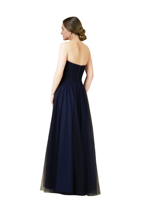 Meilleures Bleu marine foncé Trapèze Sans bretelle Tulle Longue Robes demoiselle d'honneur