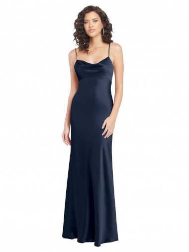 Meilleures Bleu marine foncé Trapèze Satiné Stretch Longue Formelles Robes demoiselle d'honneur / Robes de soirée / Robes de bal