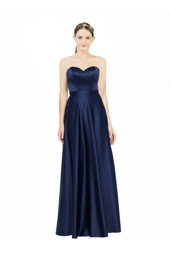 Meilleures Bleu marine foncé Trapèze Satiné Stretch Longue Formelles Robes demoiselle d'honneur / Robes de soirée
