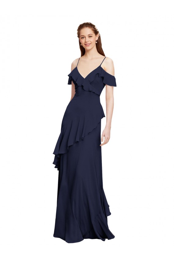 Meilleures Bleu marine foncé Trapèze Épaule Dénudée Bretelles spaghetti Mousseline Longue Robes demoiselle d'honneur