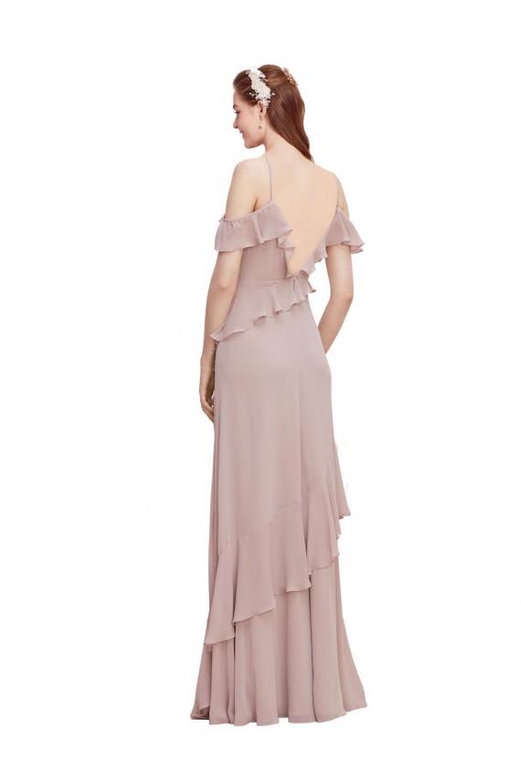 Meilleures Bleu marine foncé Trapèze Épaule Dénudée Bretelles spaghetti Mousseline Longue Robes demoiselle d'honneur