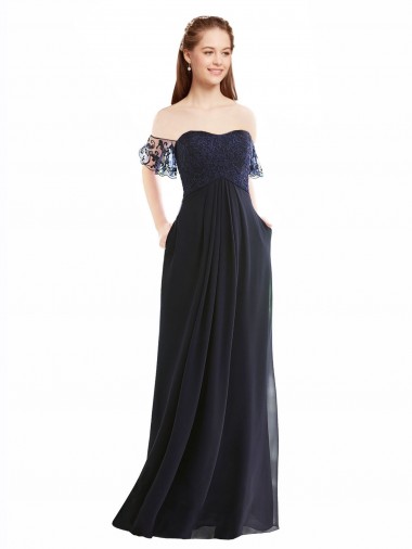 Meilleures Bleu marine foncé Trapèze Épaule Dénudée Col V Mousseline Dentelle Longue Robes demoiselle d'honneur