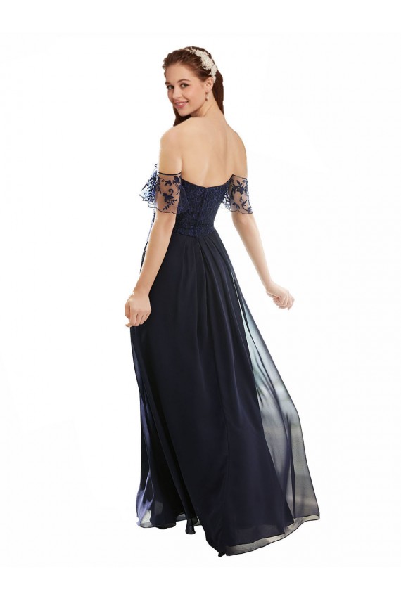 Meilleures Bleu marine foncé Trapèze Épaule Dénudée Col V Mousseline Dentelle Longue Robes demoiselle d'honneur
