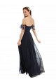 Meilleures Bleu marine foncé Trapèze Épaule Dénudée Col V Mousseline Dentelle Longue Robes demoiselle d'honneur