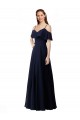 Meilleures Bleu marine foncé Trapèze Épaule Dénudée Col V Mousseline Longue Robes demoiselle d'honneur