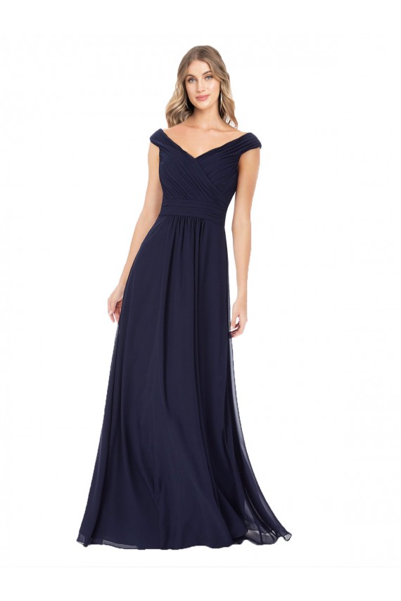 Meilleures Bleu marine foncé Trapèze Épaule Dénudée Mousseline Longue Robes demoiselle d'honneur