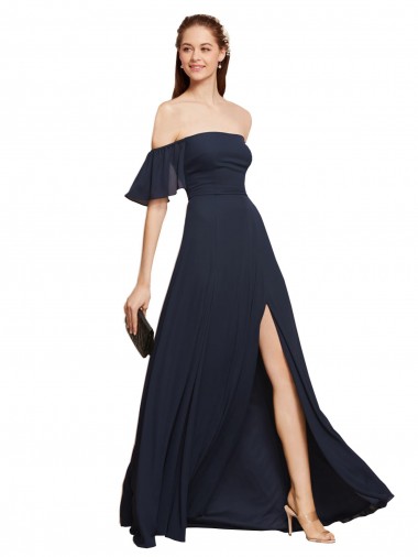 Meilleures Bleu marine foncé Trapèze Épaule Dénudée Mousseline Longue Robes demoiselle d'honneur / Robes de bal