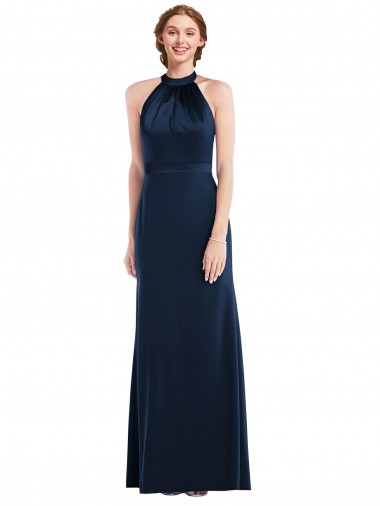Meilleures Bleu marine foncé Trompette Col Haut Crêpe Stretch Longue Robes demoiselle d'honneur / Robes de bal