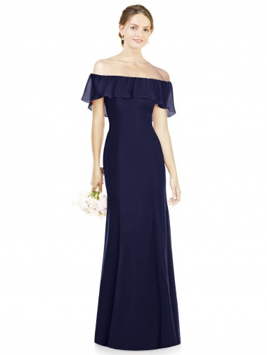 Meilleures Bleu marine foncé Trompette Épaule Dénudée Mousseline Longue Robes demoiselle d'honneur