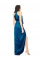 Meilleures Bleu paon Fourreau Licou Col Haut Satiné Soyeux Longue Formelles Robes demoiselle d'honneur / Robes de soirée / Robes de bal