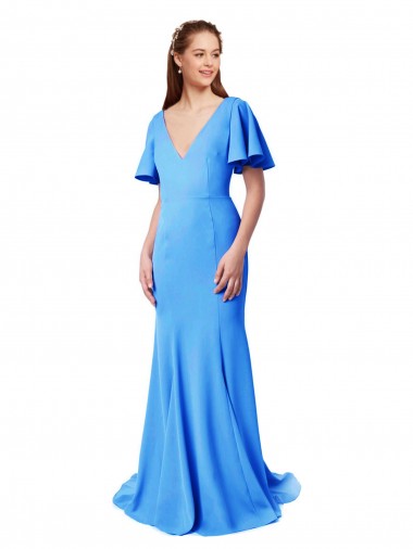 Meilleures Bleu paon Sirène Col V Balayage train Crêpe Stretch Longue Robes demoiselle d'honneur / Robes de bal