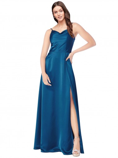 Meilleures Bleu paon Trapèze Bretelles spaghetti Satiné Soyeux Longue Formelles Robes demoiselle d'honneur / Robes de soirée / Robes de bal