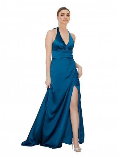 Meilleures Bleu paon Trapèze Licou Satiné Soyeux Longue Formelles Robes demoiselle d'honneur / Robes de soirée / Robes de bal