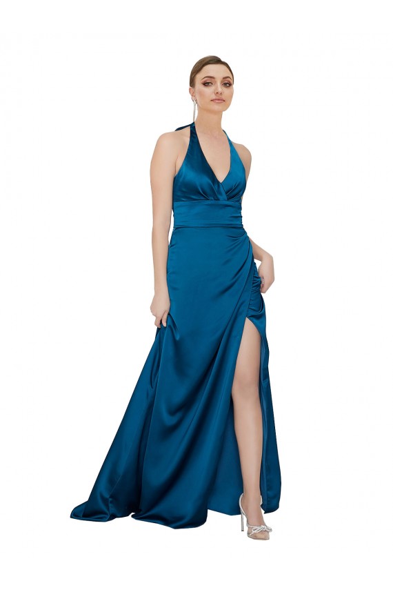 Meilleures Bleu paon Trapèze Licou Satiné Soyeux Longue Formelles Robes demoiselle d'honneur / Robes de soirée / Robes de bal