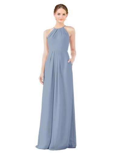 Meilleures Bleu poussiéreux Fourreau Licou Col Haut Mousseline Longue Robes demoiselle d'honneur