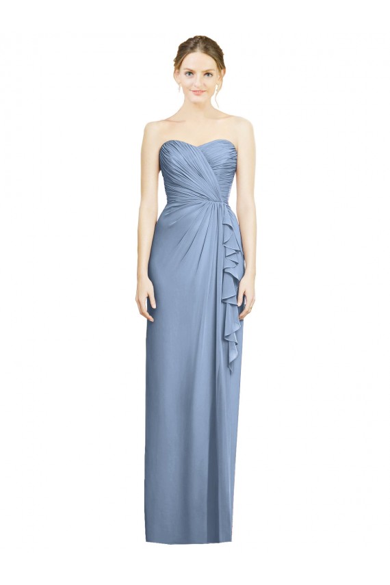 Meilleures Bleu poussiéreux Fourreau Sans bretelle Mousseline Longue Robes demoiselle d'honneur