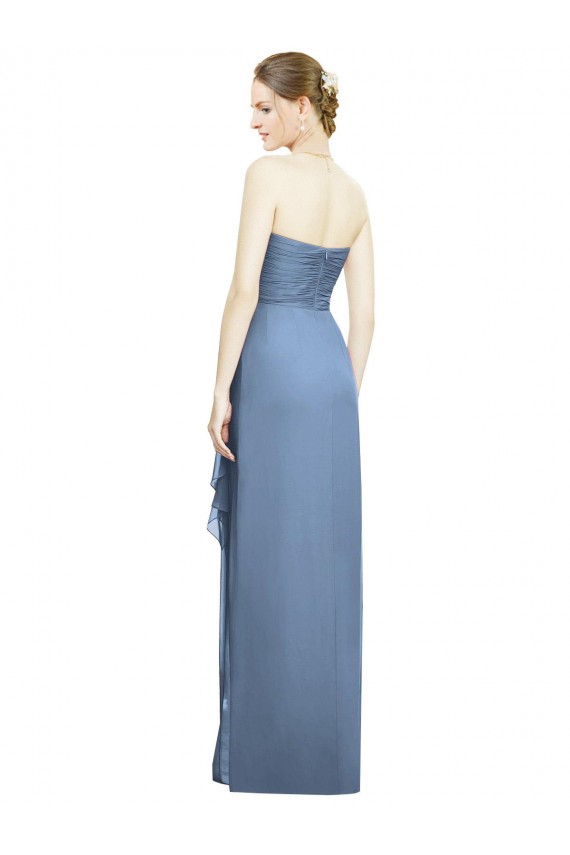 Meilleures Bleu poussiéreux Fourreau Sans bretelle Mousseline Longue Robes demoiselle d'honneur