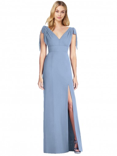 Meilleures Bleu poussiéreux Sirène Col V Mousseline Longue Robes demoiselle d'honneur
