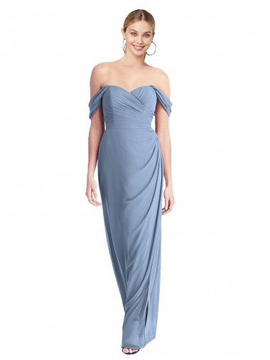 Meilleures Bleu poussiéreux Sirène Épaule Dénudée Mousseline Longue Robes demoiselle d'honneur