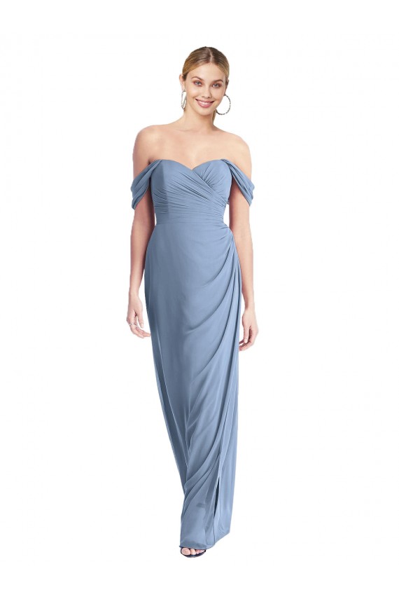 Meilleures Bleu poussiéreux Sirène Épaule Dénudée Mousseline Longue Robes demoiselle d'honneur