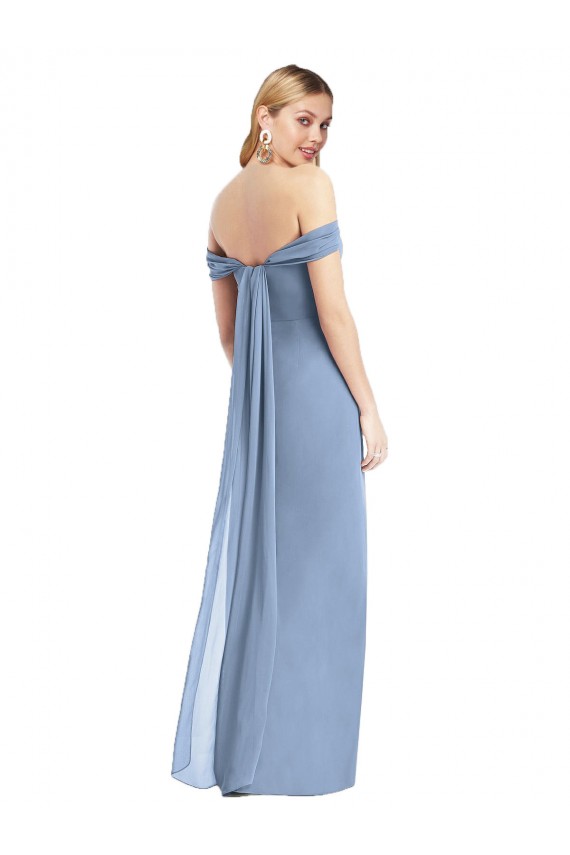 Meilleures Bleu poussiéreux Sirène Épaule Dénudée Mousseline Longue Robes demoiselle d'honneur