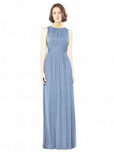 Meilleures Bleu poussiéreux Trapèze Bateau Mousseline Longue Robes demoiselle d'honneur