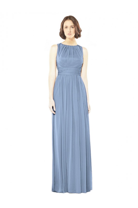 Meilleures Bleu poussiéreux Trapèze Bateau Mousseline Longue Robes demoiselle d'honneur