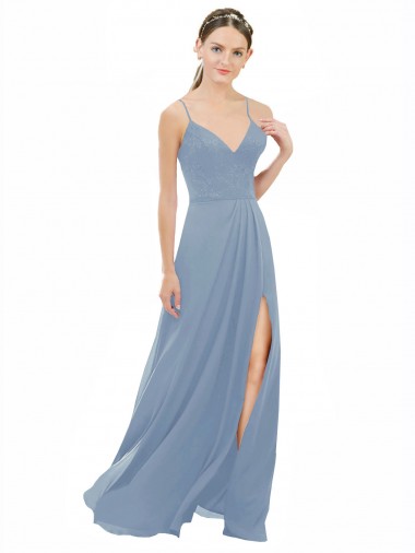 Meilleures Bleu poussiéreux Trapèze Bretelles spaghetti Col V Mousseline Dentelle Longue Robes demoiselle d'honneur