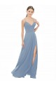 Meilleures Bleu poussiéreux Trapèze Bretelles spaghetti Col V Mousseline Dentelle Longue Robes demoiselle d'honneur