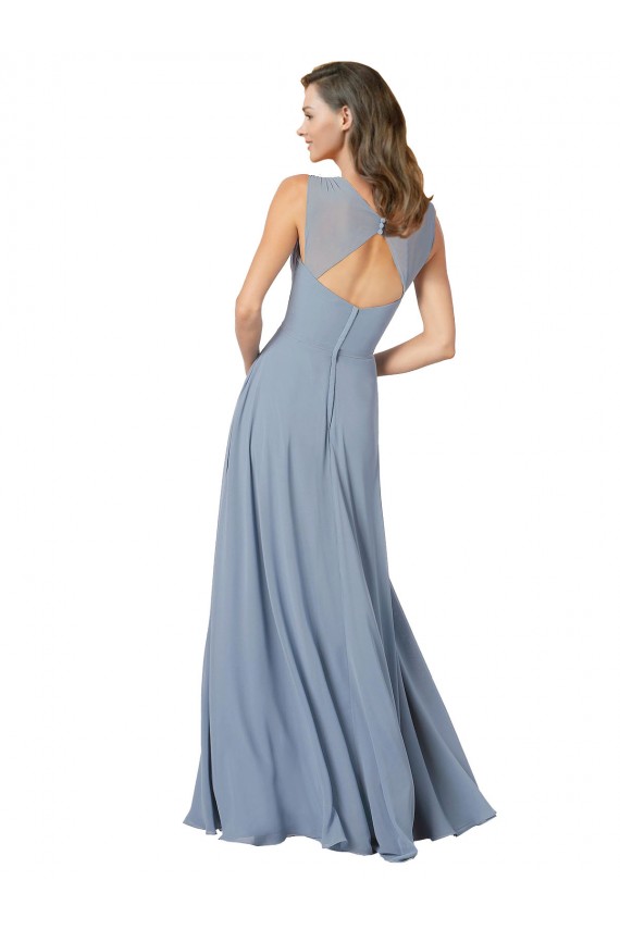 Meilleures Bleu poussiéreux Trapèze Bretelles spaghetti Col V Mousseline Longue Robes demoiselle d'honneur