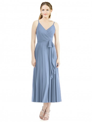 Meilleures Bleu poussiéreux Trapèze Bretelles spaghetti Mousseline Courte Robes demoiselle d'honneur