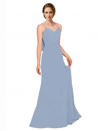 Meilleures Bleu poussiéreux Trapèze Bretelles spaghetti Mousseline Longue Robes demoiselle d'honneur