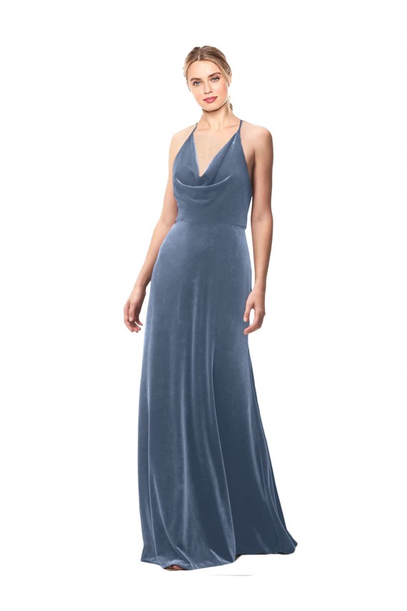 Meilleures Bleu poussiéreux Trapèze Bretelles spaghetti Velours Stretch Longue Robes demoiselle d'honneur / Robes de bal
