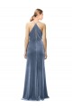 Meilleures Bleu poussiéreux Trapèze Bretelles spaghetti Velours Stretch Longue Robes demoiselle d'honneur / Robes de bal