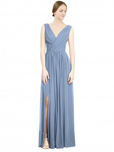 Meilleures Bleu poussiéreux Trapèze Col V Mousseline Longue Robes demoiselle d'honneur
