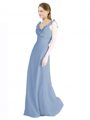 Meilleures Bleu poussiéreux Trapèze Col V Mousseline Longue Robes demoiselle d'honneur