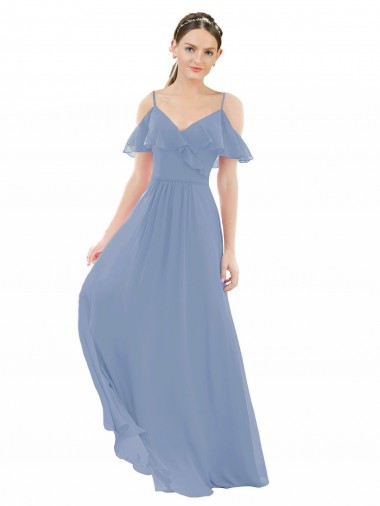 Meilleures Bleu poussiéreux Trapèze Col V Mousseline Longue Robes demoiselle d'honneur