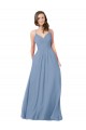 Meilleures Bleu poussiéreux Trapèze Col V Mousseline Longue Robes demoiselle d'honneur