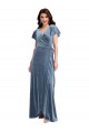 Meilleures Bleu poussiéreux Trapèze Col V Velours Stretch Longue Robes demoiselle d'honneur / Robes de bal