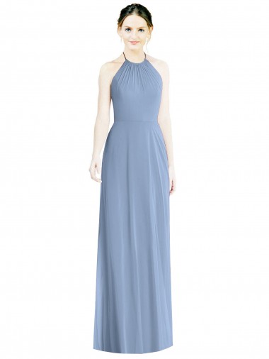 Meilleures Bleu poussiéreux Trapèze Licou Mousseline Longue Robes demoiselle d'honneur