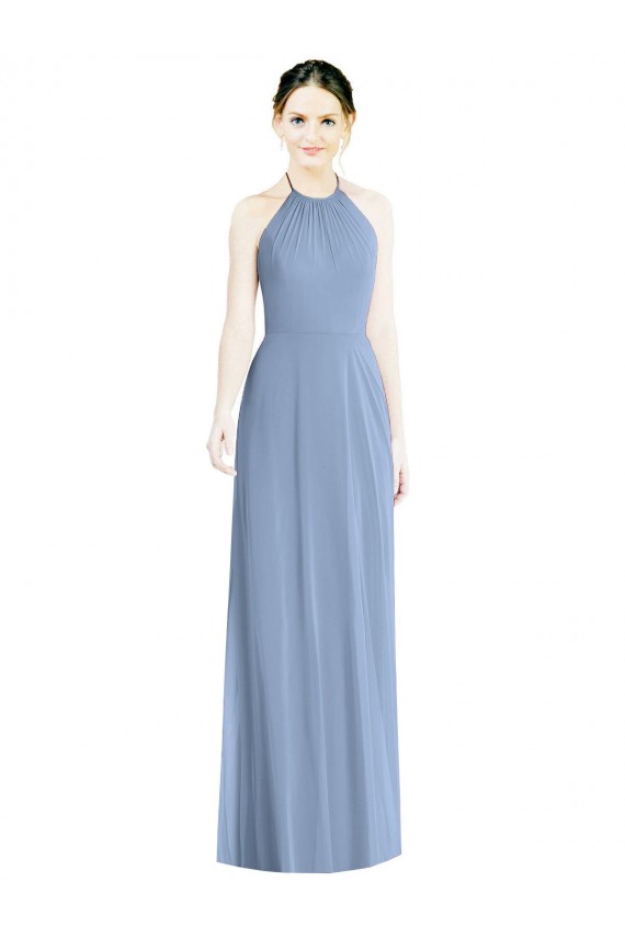 Meilleures Bleu poussiéreux Trapèze Licou Mousseline Longue Robes demoiselle d'honneur