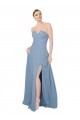 Meilleures Bleu poussiéreux Trapèze Sans bretelle Mousseline Longue Robes demoiselle d'honneur