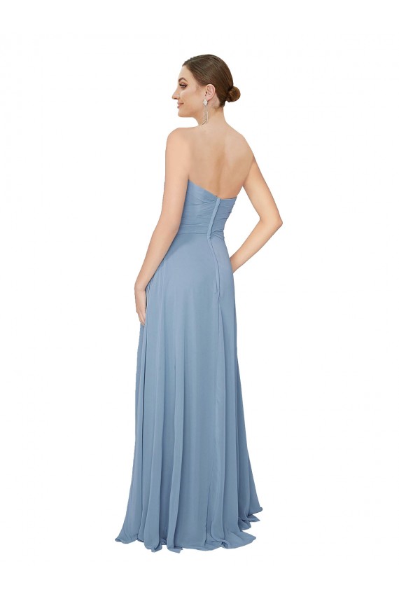 Meilleures Bleu poussiéreux Trapèze Sans bretelle Mousseline Longue Robes demoiselle d'honneur