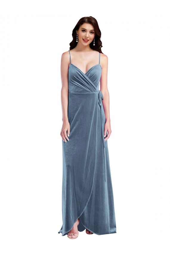 Meilleures Bleu poussiéreux Trapèze Velours Stretch Longue Robes demoiselle d'honneur / Robes de bal