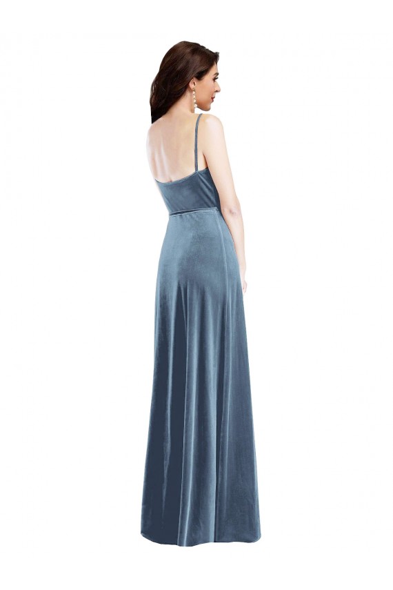 Meilleures Bleu poussiéreux Trapèze Velours Stretch Longue Robes demoiselle d'honneur / Robes de bal