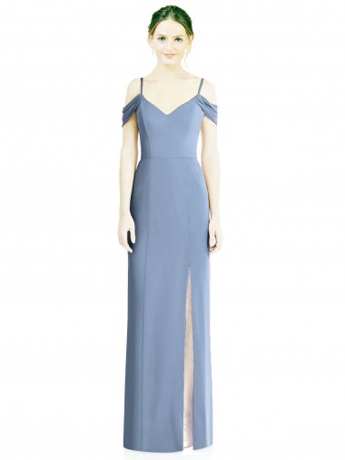 Meilleures Bleu poussiéreux Trapèze Épaule Dénudée Mousseline Longue Formelles Robes demoiselle d'honneur / Robes de soirée