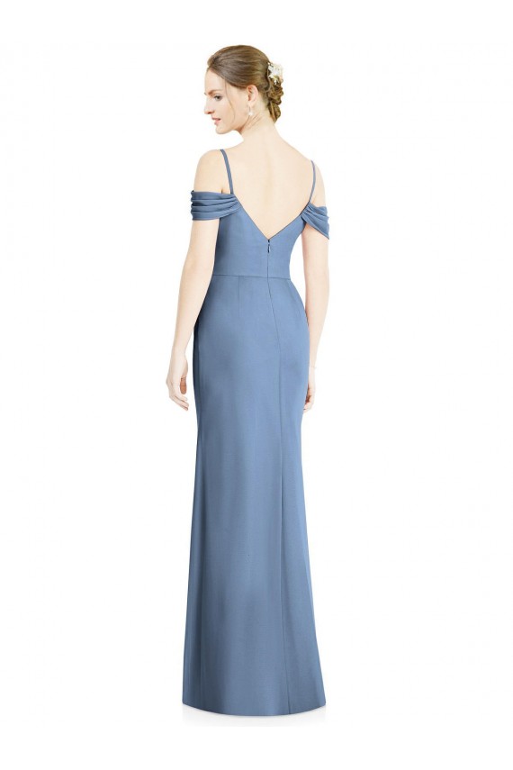 Meilleures Bleu poussiéreux Trapèze Épaule Dénudée Mousseline Longue Formelles Robes demoiselle d'honneur / Robes de soirée